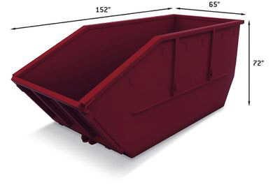 This graphic shows a maroon lugger waste bin measuring 152" long, 65" wide, and 72" tall.