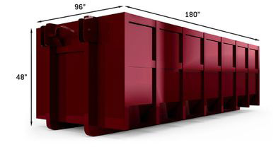 This graphic shows a 14 yard med duty maroon roll-off waste bin measuring 180" long, 96" wide, and 48" tall.