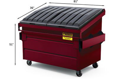 This graphic shows a 2 cubic yard maroon front-end waste bin measuring 36" deep, 81" wide, and 51" tall.