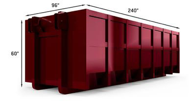 This graphic shows a 30 yard heavy duty maroon roll-off waste bin measuring 240" long, 96" wide, and 60" tall.