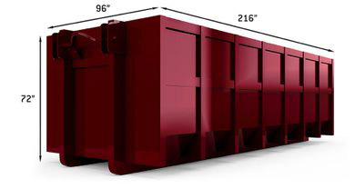 This graphic shows a 20 yard med duty maroon roll-off waste bin measuring 216" long, 96" wide, and 72" tall.