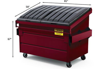 This graphic shows a 4 cubic yard maroon front-end waste bin measuring 58" deep, 81" wide, and 67" tall.