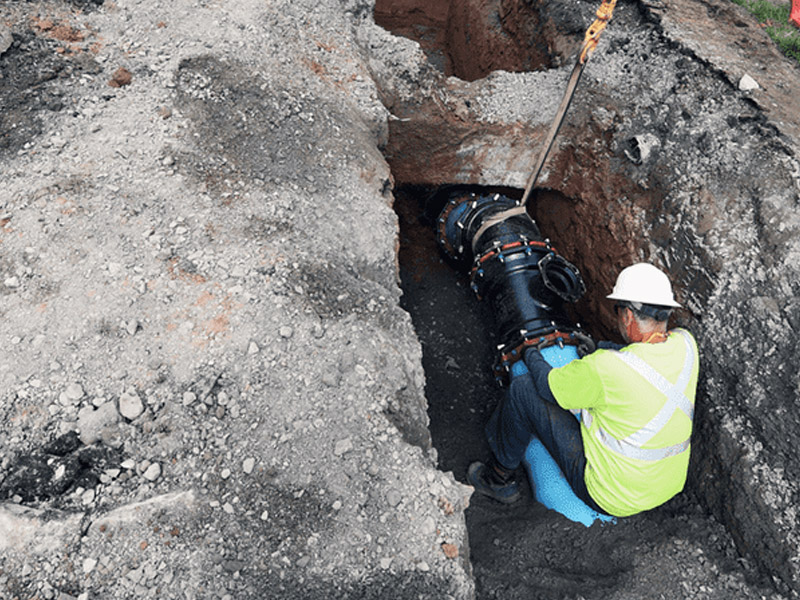 This photo shows a construction worker fitting a pipe underground while working on a site servicing project.
