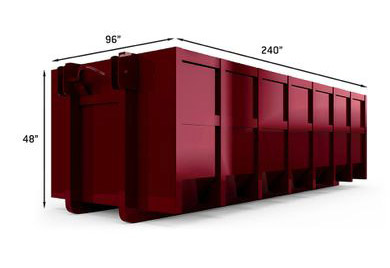 This graphic shows a maroon roll-off waste bin measuring 240" long, 96" wide, and 48" tall.